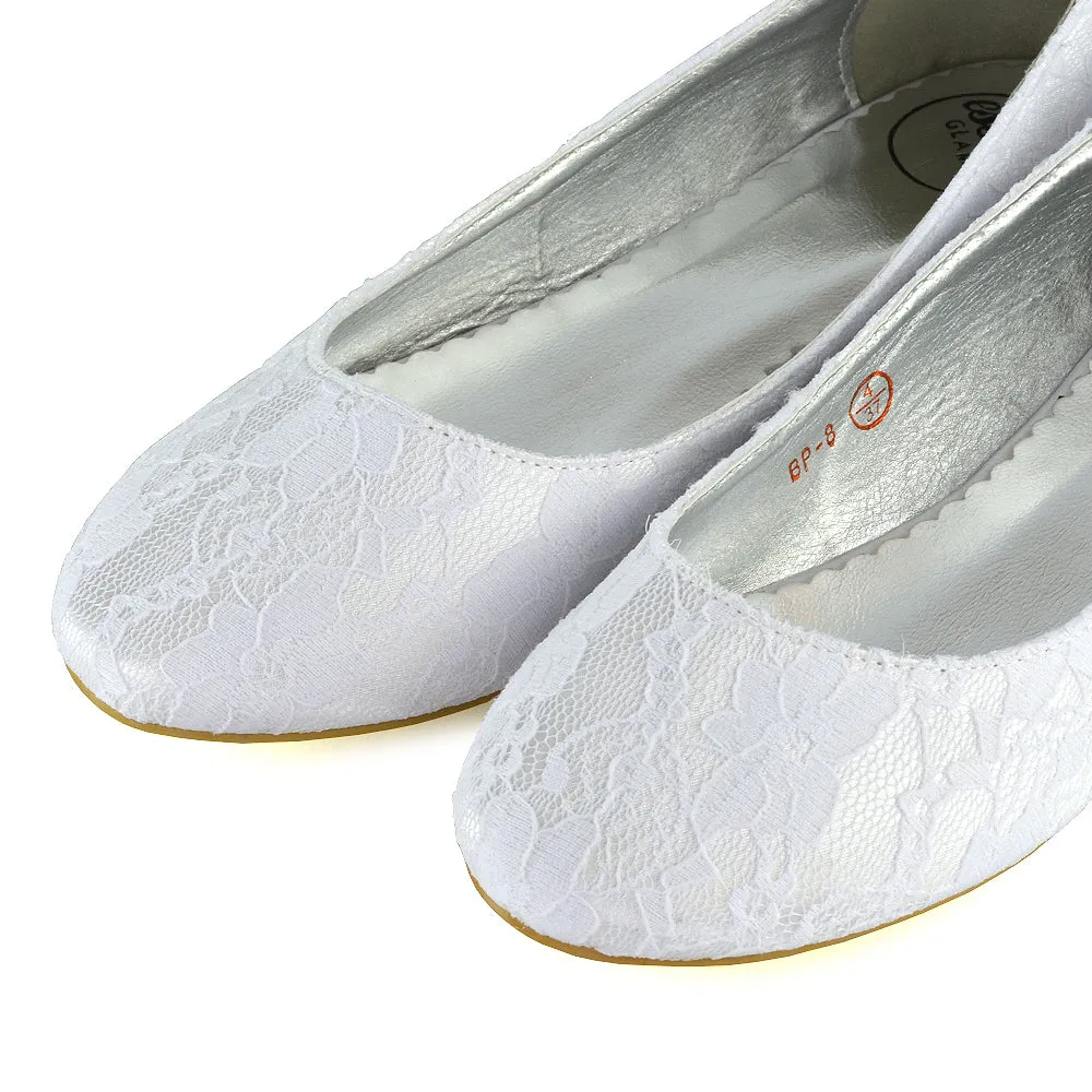Keva Round Toe Lace Detail Slip on Wedding Flats Ballerina Bridal Pumps In White Satin sold by XYlondon product image thumbnail 3