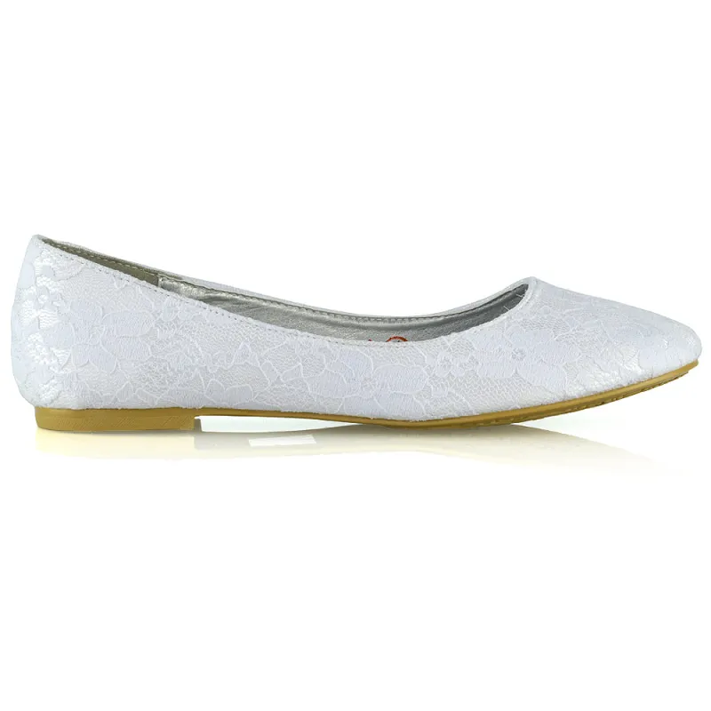 Keva Round Toe Lace Detail Slip on Wedding Flats Ballerina Bridal Pumps In White Satin sold by XYlondon