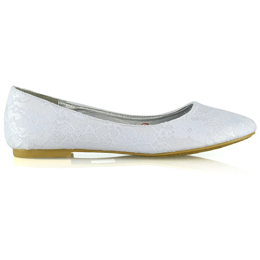 Keva Round Toe Lace Detail Slip on Wedding Flats Ballerina Bridal Pumps In White Satin sold by XYlondon