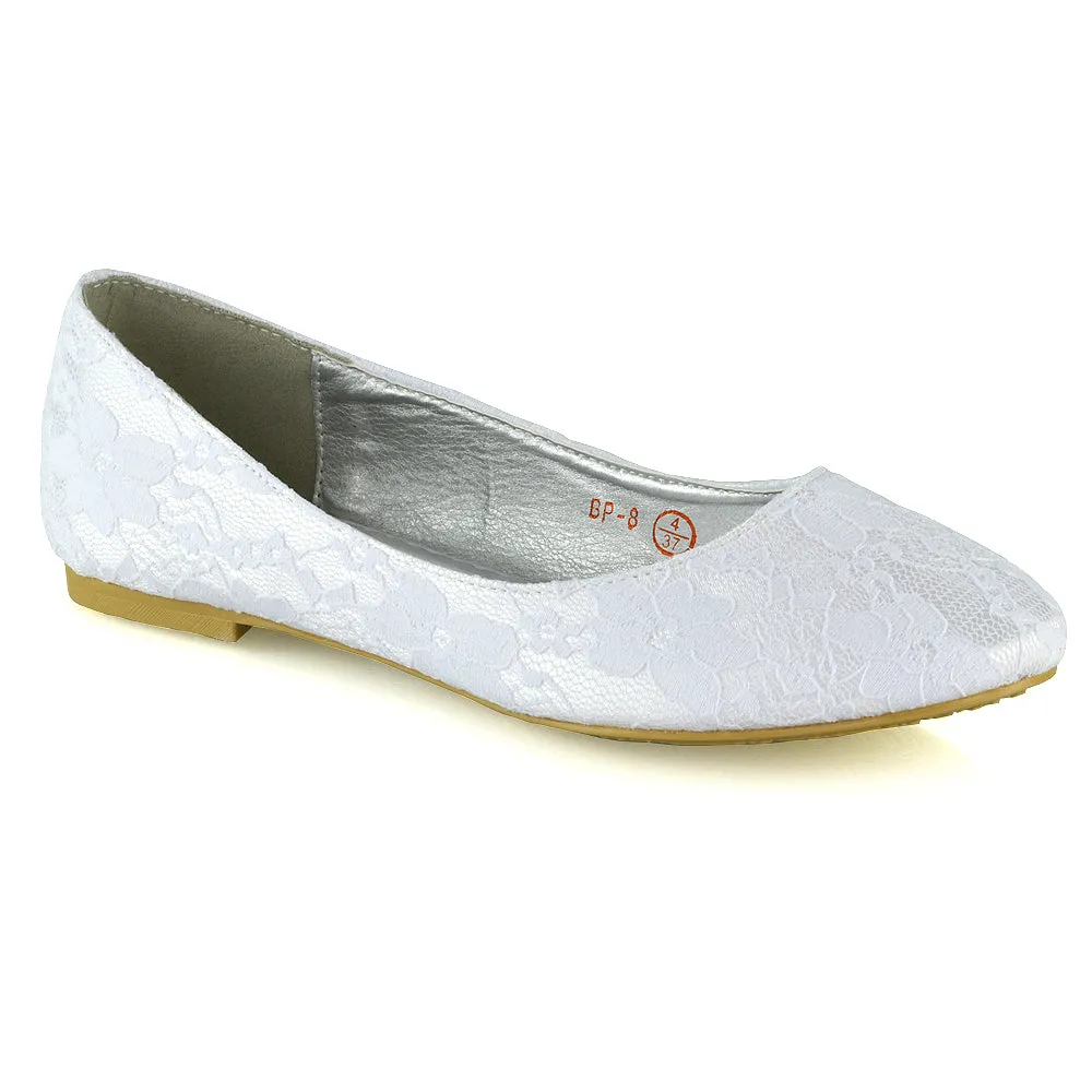 Keva Round Toe Lace Detail Slip on Wedding Flats Ballerina Bridal Pumps In White Satin sold by XYlondon product image thumbnail 2