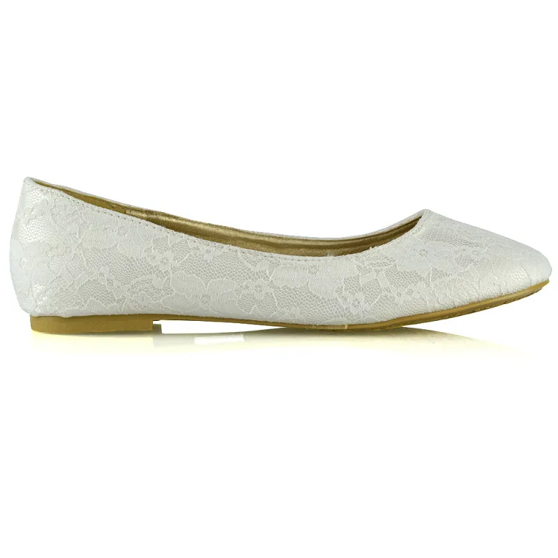 Keva Round Toe Lace Detail Slip on Wedding Flats Ballerina Bridal Pumps In Ivory Satin sold by XYlondon