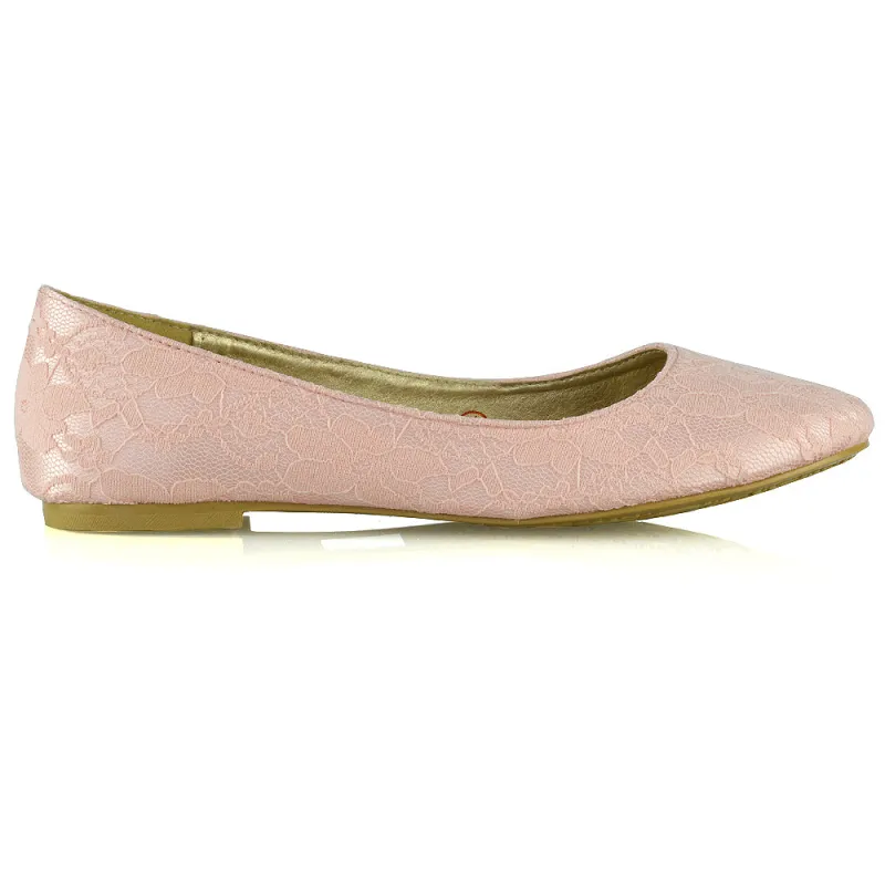 Keva Round Toe Lace Detail Slip on Wedding Flats Ballerina Bridal Pumps In Pink Satin sold by XYlondon