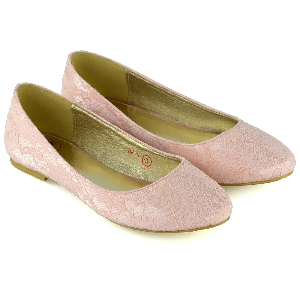 Keva Round Toe Lace Detail Slip on Wedding Flats Ballerina Bridal Pumps In Pink Satin sold by XYlondon product image thumbnail 4