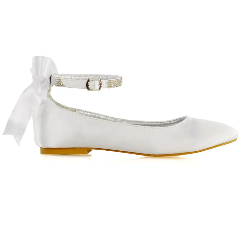 Penelope Bow Detail Diamante Strappy Bridal Wedding Flat Ballerina Bridal Shoes in White Satin sold by XYlondon
