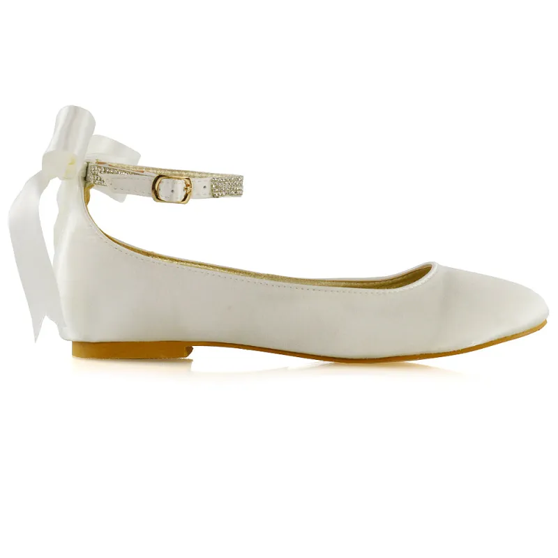 Penelope Bow Detail Diamante Strappy Bridal Wedding Flat Ballerina Bridal Shoes in Ivory Satin sold by XYlondon