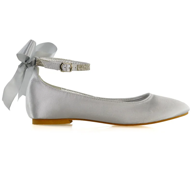 Penelope Bow Detail Diamante Strappy Bridal Wedding Flat Ballerina Bridal Shoes in Silver Satin sold by XYlondon