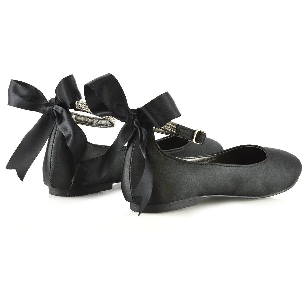 Penelope Bow Detail Diamante Strappy Bridal Wedding Flat Ballerina Bridal Shoes in Black Satin sold by XYlondon product image thumbnail 4