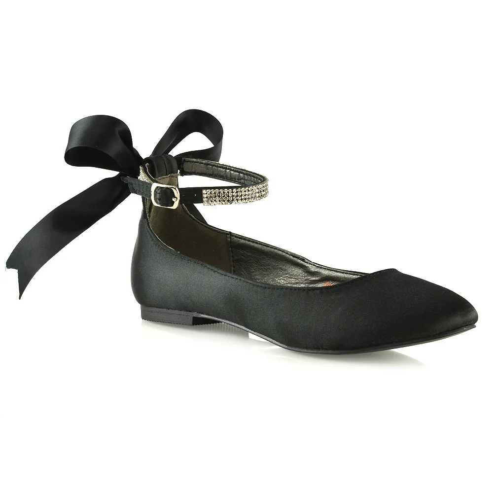Penelope Bow Detail Diamante Strappy Bridal Wedding Flat Ballerina Bridal Shoes in Black Satin sold by XYlondon product image thumbnail 2