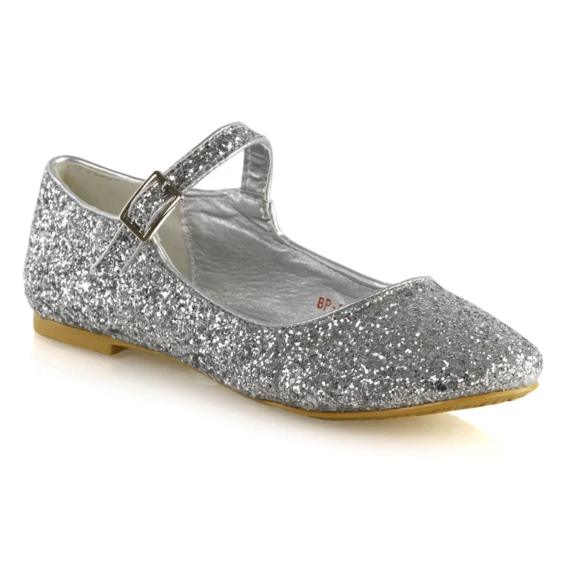 Amanda Buckle Up Strappy Ballerina Pump Flat Bridal Shoes In Silver Glitter sold by XYlondon