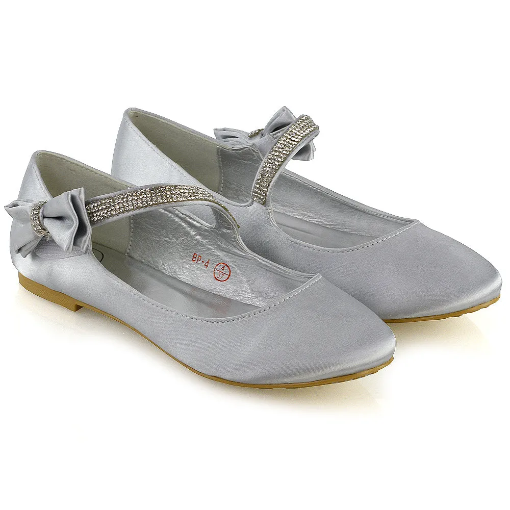 Poppy-Faye Embellished Bow Detail Diamante Strap Wedding Pumps Flat Bridal Shoes in Silver Satin sold by XYlondon product image thumbnail 3