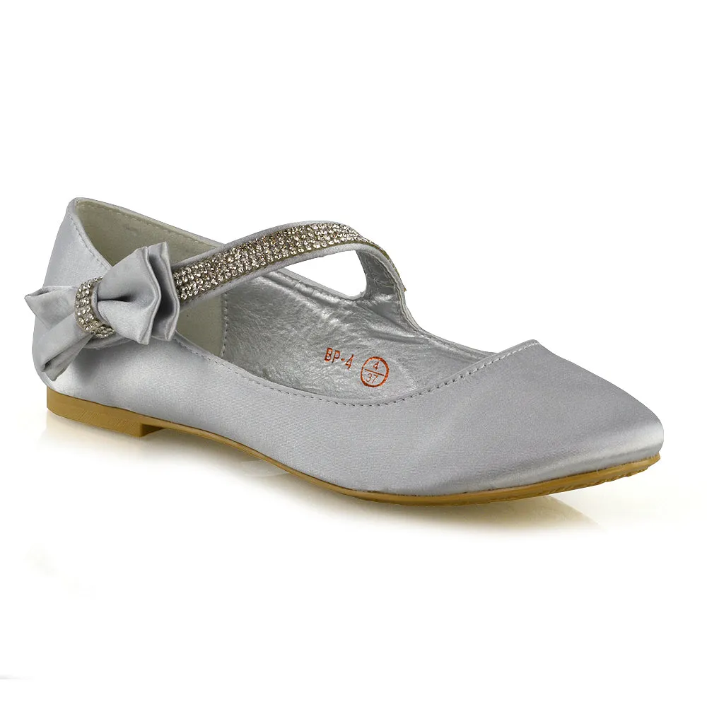 Poppy-Faye Embellished Bow Detail Diamante Strap Wedding Pumps Flat Bridal Shoes in Silver Satin sold by XYlondon product image thumbnail 2