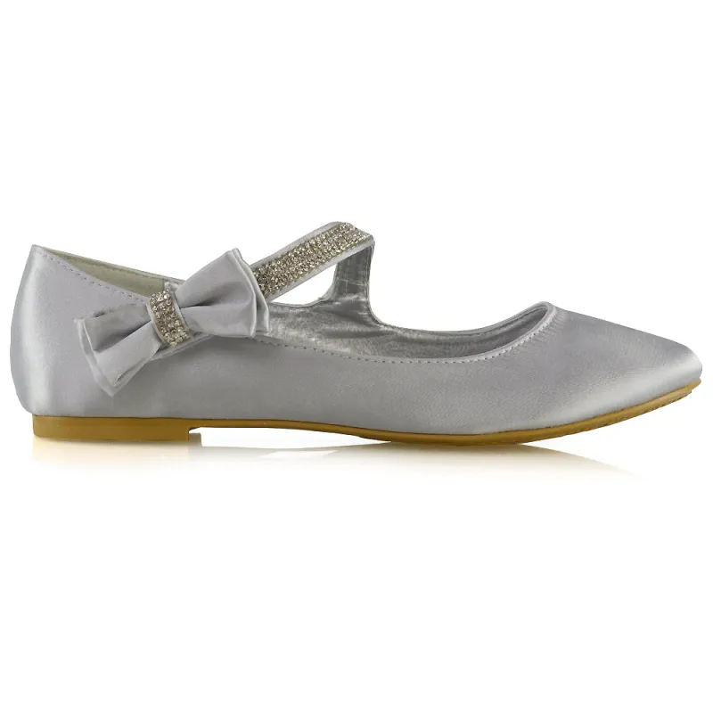 Poppy-Faye Embellished Bow Detail Diamante Strap Wedding Pumps Flat Bridal Shoes in Silver Satin sold by XYlondon