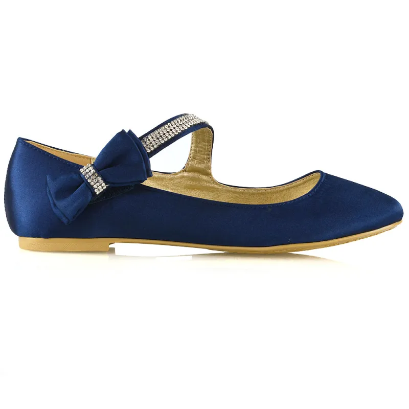 Poppy-Faye Embellished Bow Detail Diamante Strap Wedding Pumps Flat Bridal Shoes in Navy Satin sold by XYlondon