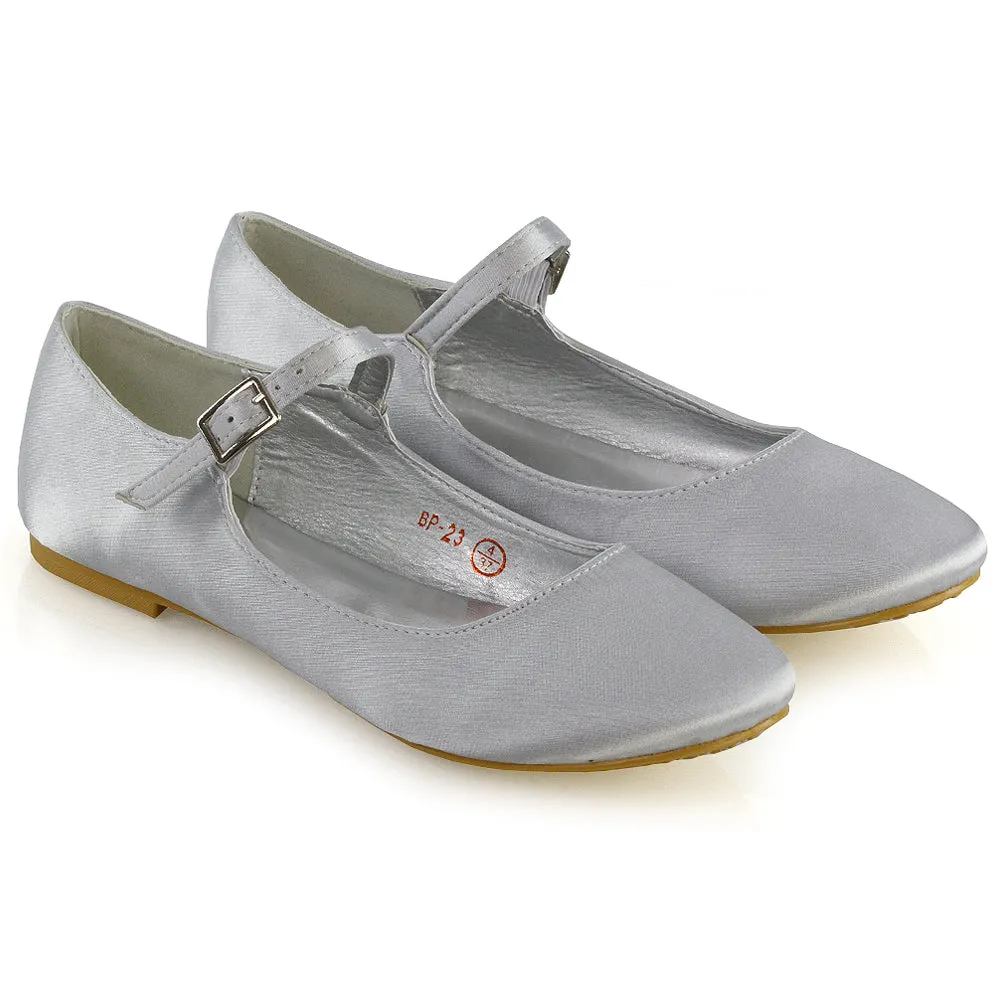 Nellie Ballerina Pump over the Foot Buckle up Strap Wedding Flat Bridal Shoes in Silver Satin sold by XYlondon product image thumbnail 4