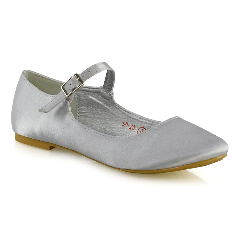 Nellie Ballerina Pump over the Foot Buckle up Strap Wedding Flat Bridal Shoes in Silver Satin sold by XYlondon