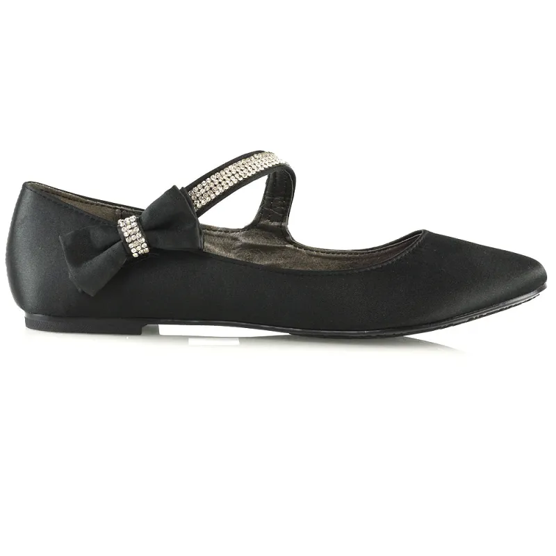 Poppy-Faye Embellished Bow Detail Diamante Strap Wedding Pumps Flat Bridal Shoes in Black Satin sold by XYlondon