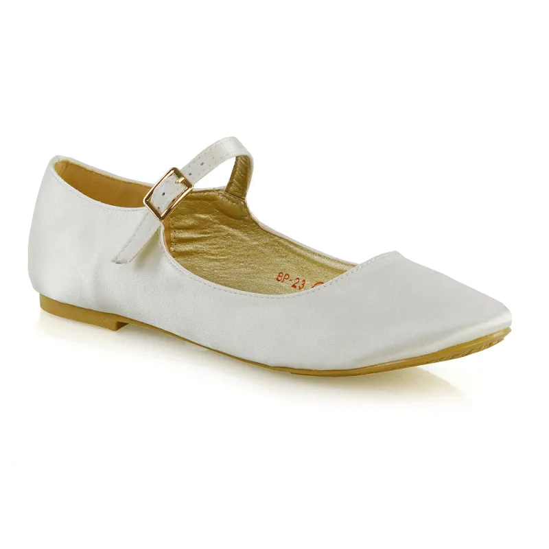 Nellie Ballerina Pump over the Foot Buckle up Strap Wedding Flat Bridal Shoes in Ivory Satin sold by XYlondon