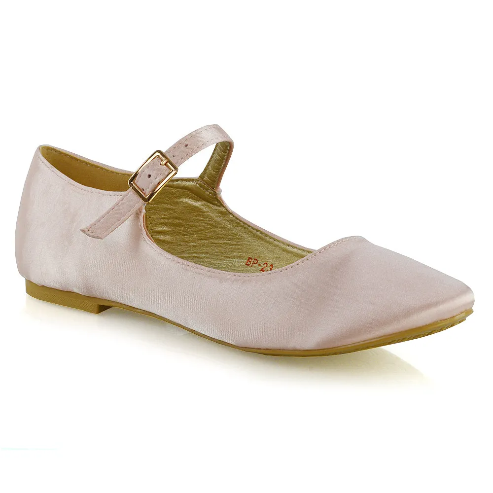 Nellie Ballerina Pump over the Foot Buckle up Strap Wedding Flat Bridal Shoes in Pastel Pink Satin sold by XYlondon