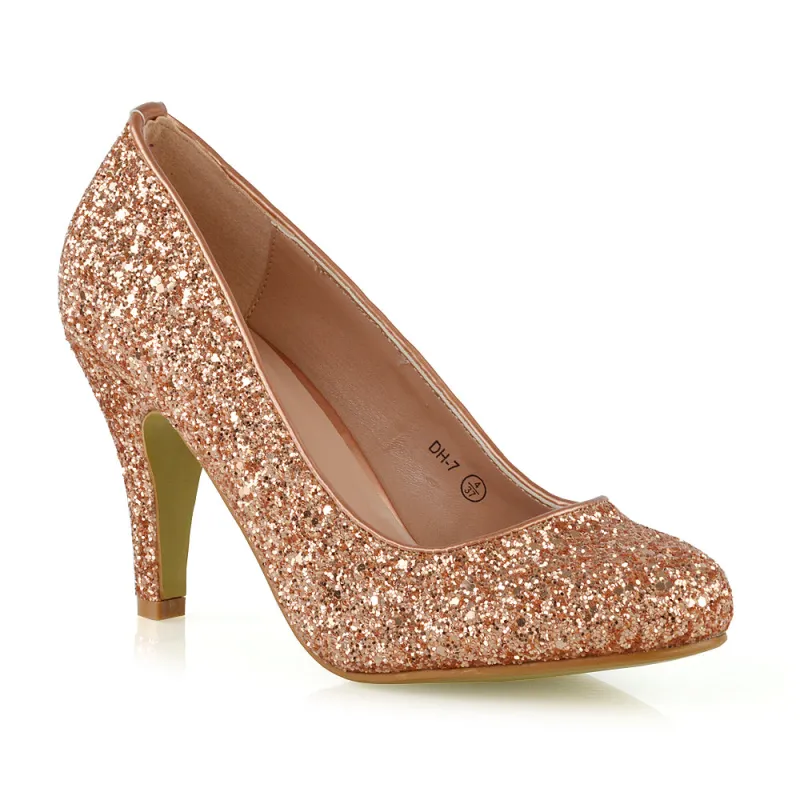 Dafney Pointed Closed Toe Mid Stiletto High Heel Slip On Court Shoes in Rose Gold Glitter sold by XYlondon