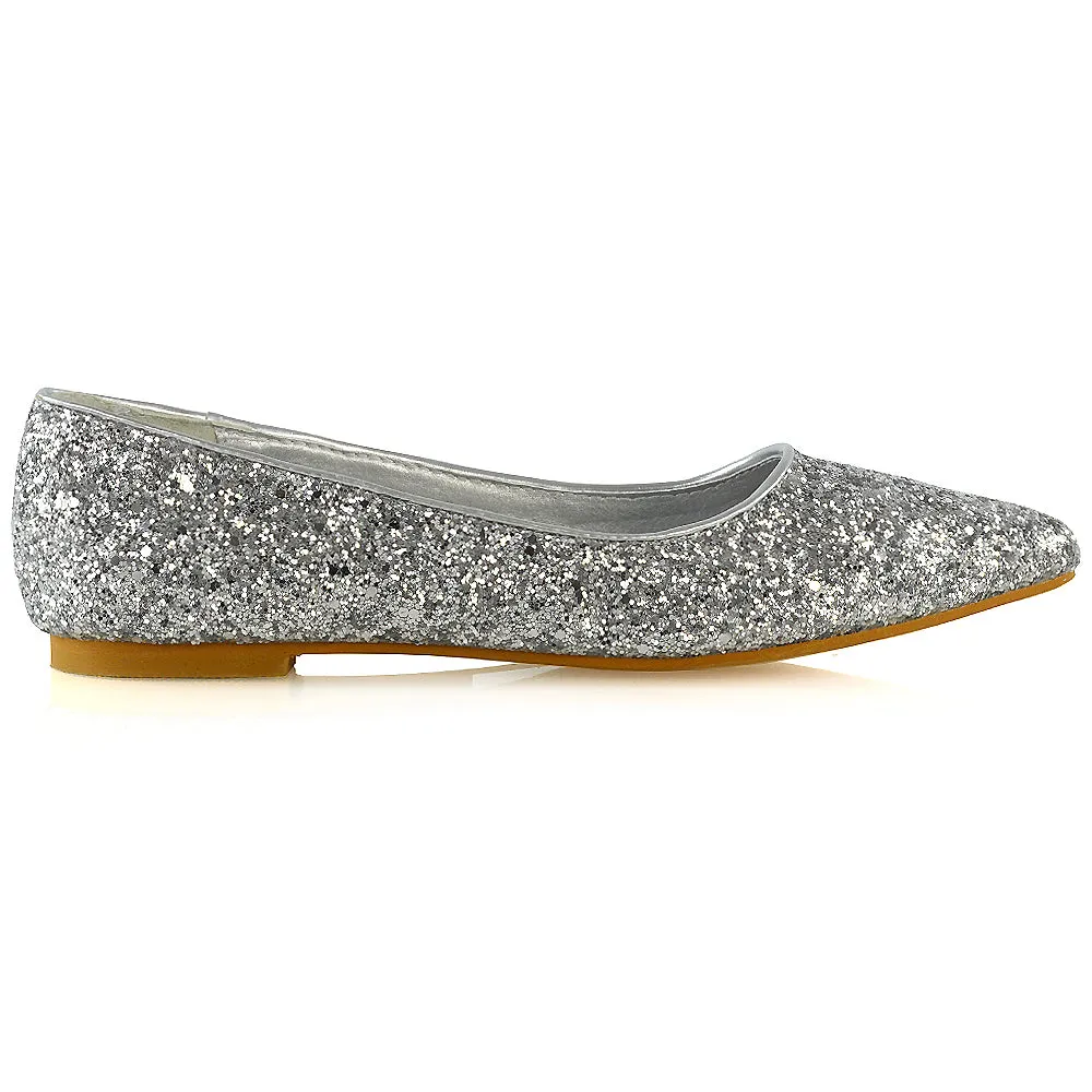 Rosalie Statement Pointed Toe Flat Bridal Ballerina Pump Shoes in Silver Glitter sold by XYlondon product image thumbnail 2