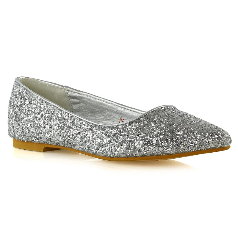 Rosalie Statement Pointed Toe Flat Bridal Ballerina Pump Shoes in Silver Glitter sold by XYlondon