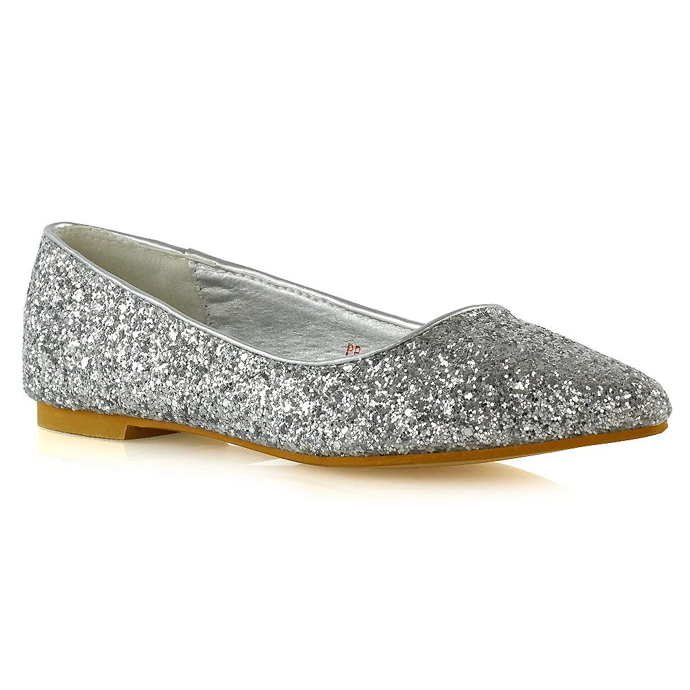 Rosalie Statement Pointed Toe Flat Bridal Ballerina Pump Shoes in Silver Glitter sold by XYlondon