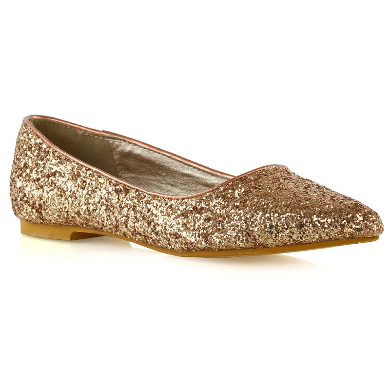 Rosalie Statement Pointed Toe Flat Bridal Ballerina Pump Shoes in Rose Gold Glitter sold by XYlondon