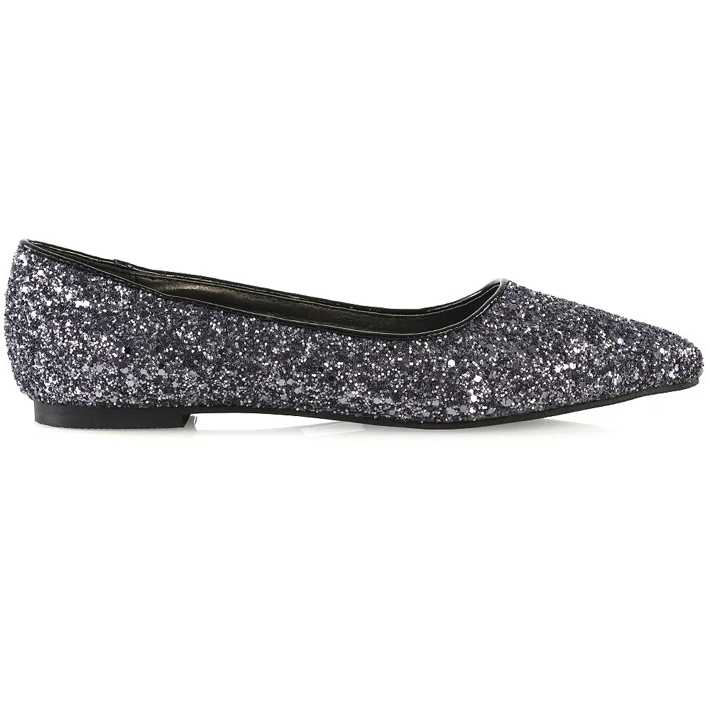 Rosalie Statement Pointed Toe Flat Bridal Ballerina Pump Shoes in Black Glitter sold by XYlondon product image thumbnail 2