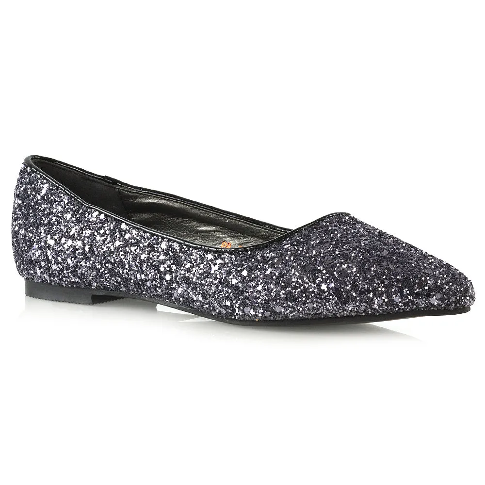 Rosalie Statement Pointed Toe Flat Bridal Ballerina Pump Shoes in Black Glitter sold by XYlondon