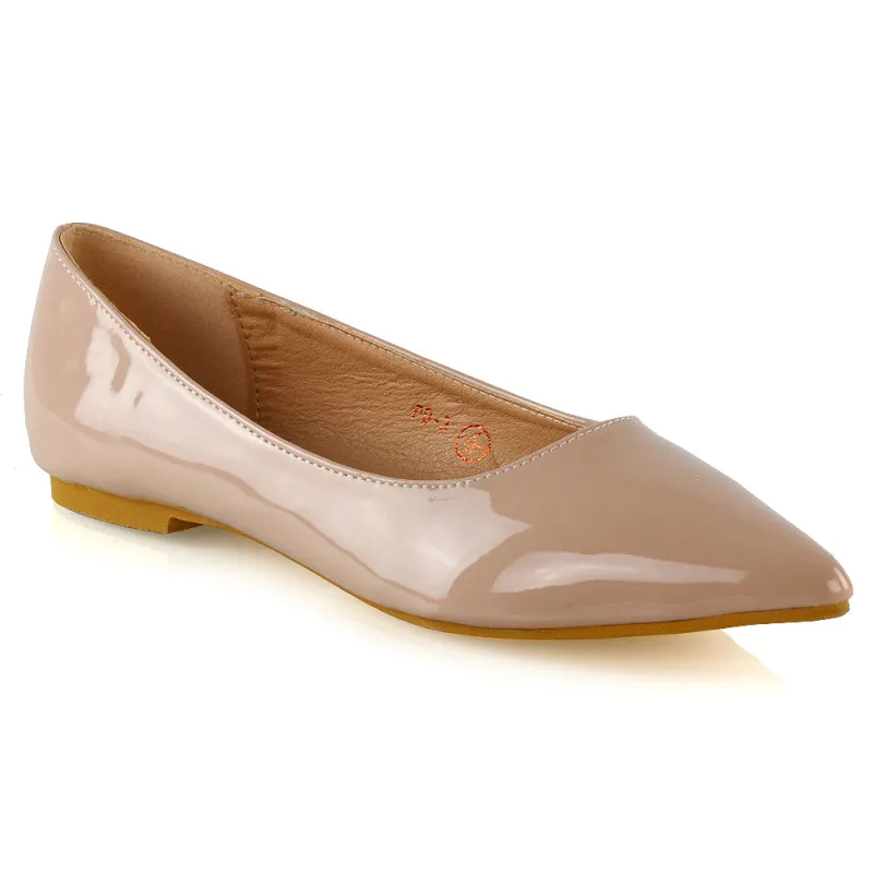 Cordelia Slip on Pointed Toe Flat Ballerina Pump Shoes In Nude Patent sold by XYlondon