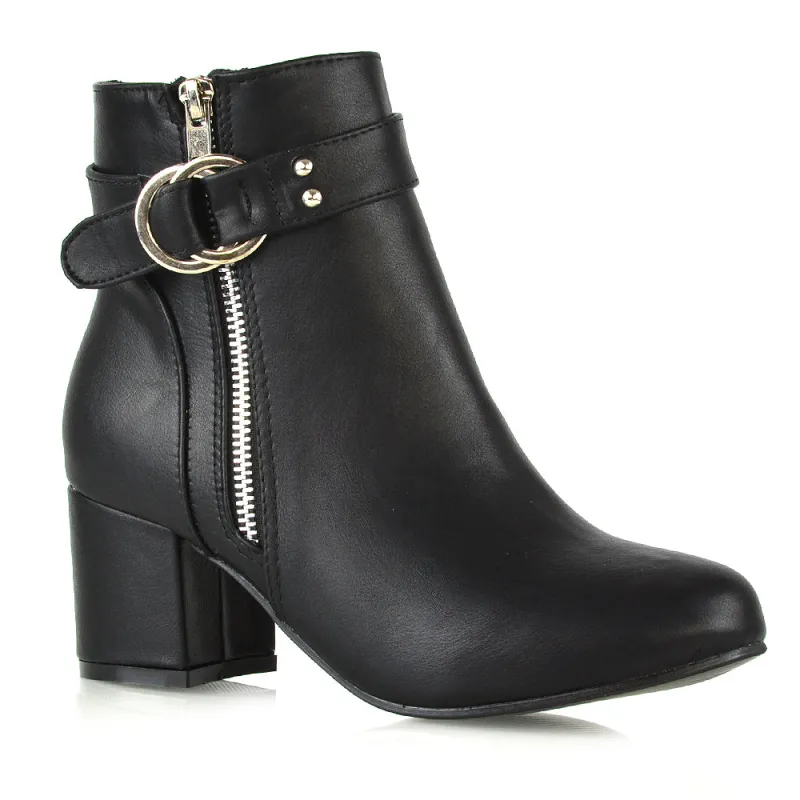Lakesha Strap Detail Outer Zip Low Block Heeled Ankle Boots in Black Synthetic Leather made by XYlondon