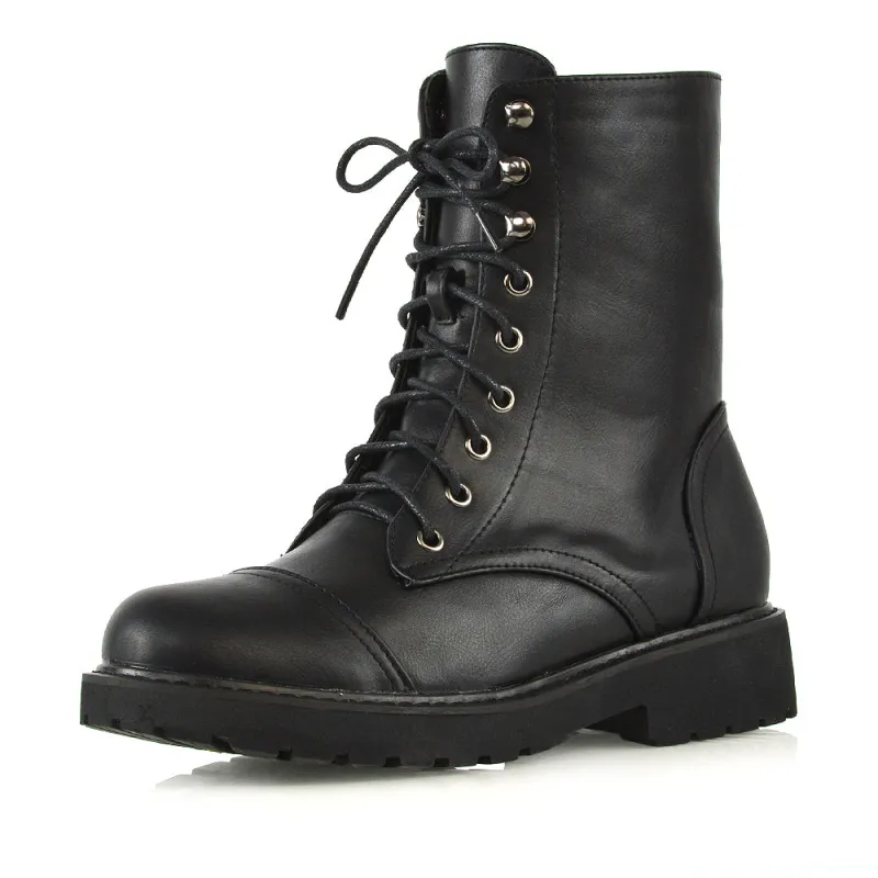 River Lace Up Military Combat Zip-up Flat Ankle Biker Boots In Black Synthetic Leather made by XYlondon