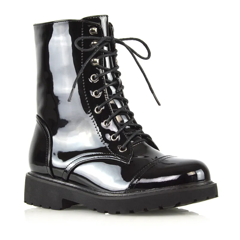 River Lace Up Military Combat Zip-up Flat Ankle Biker Boots In Black Patent sold by XYlondon