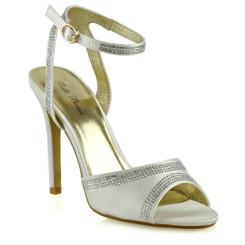 KIMBERLEY DIAMANTE ANKLE STRAP PEEP TOE HIGH HEEL STILETTOS IN IVORY SATIN made by XYlondon