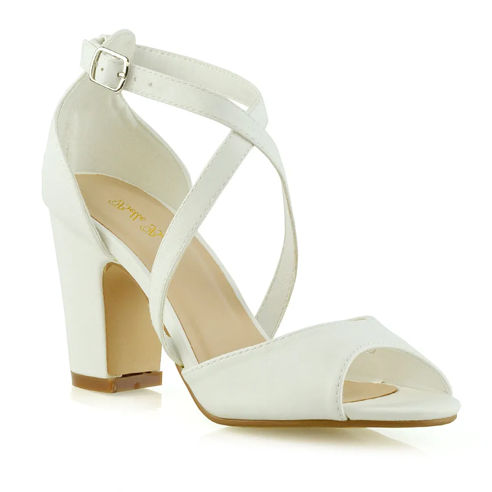 ALICE STRAPPY PEEP TOE MID BLOCK HIGH HEEL SANDAL SHOES IN WHITE SYNTHETIC LEATHER sold by XYlondon