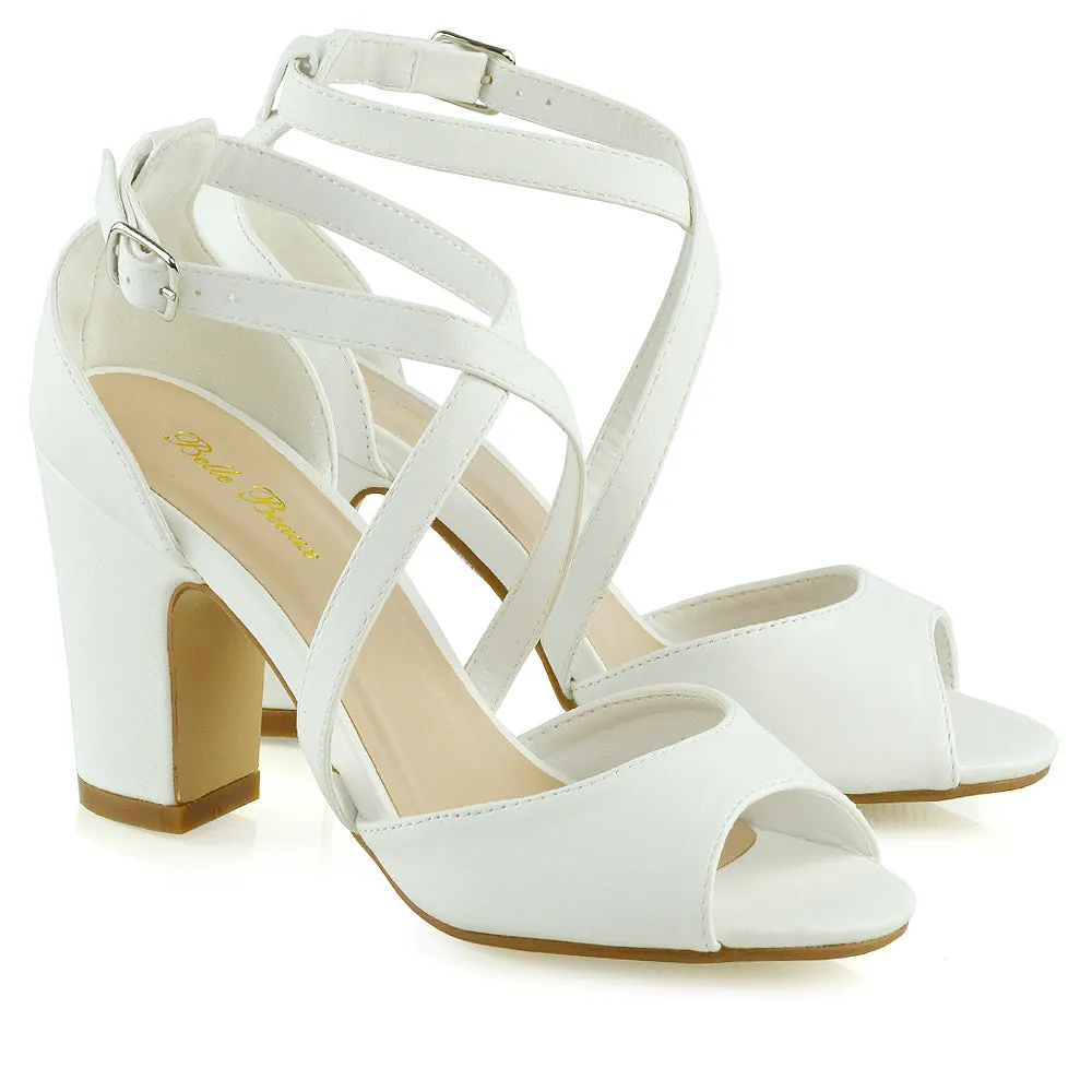 ALICE STRAPPY PEEP TOE MID BLOCK HIGH HEEL SANDAL SHOES IN WHITE SYNTHETIC LEATHER sold by XYlondon product image thumbnail 3