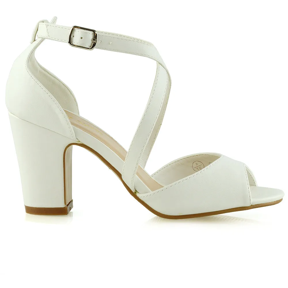 ALICE STRAPPY PEEP TOE MID BLOCK HIGH HEEL SANDAL SHOES IN WHITE SYNTHETIC LEATHER sold by XYlondon product image thumbnail 5