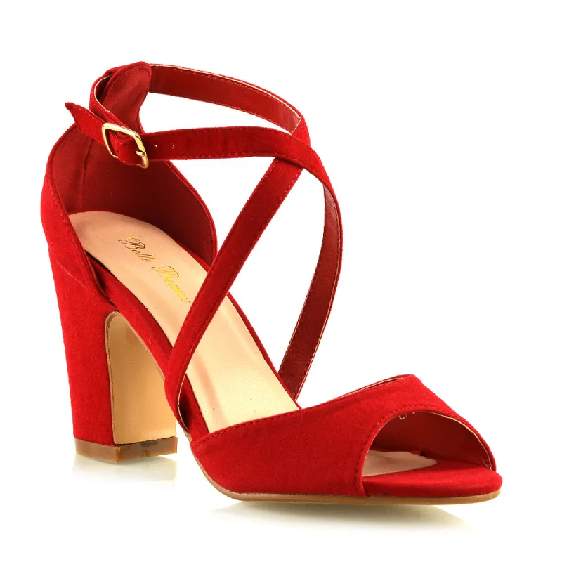 ALICE STRAPPY PEEP TOE MID BLOCK HIGH HEEL SANDAL SHOES IN RED FAUX SUEDE sold by XYlondon