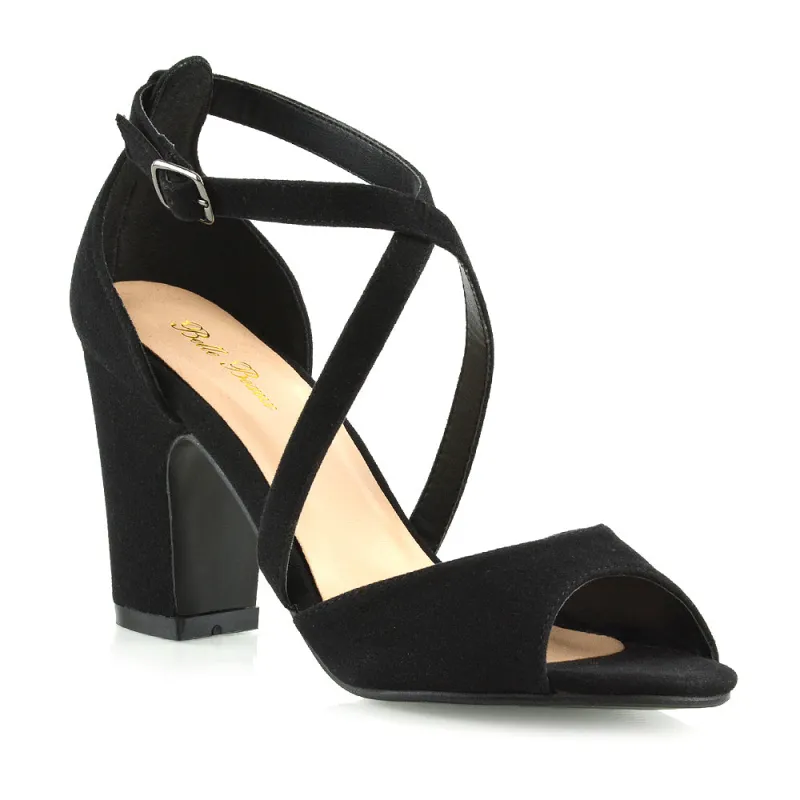 ALICE STRAPPY PEEP TOE MID BLOCK HIGH HEEL SANDAL SHOES IN BLACK FAUX SUEDE sold by XYlondon