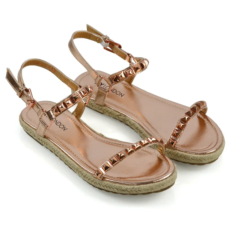 Ashden Studded Flat Cork Sole Summer Sandals With Ankle Strap in Rose Gold made by XYlondon