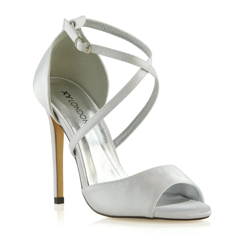 Gwen Cross Over Strappy Peep Toe Stiletto High Heel Bridal Shoes In White Satin sold by XYlondon