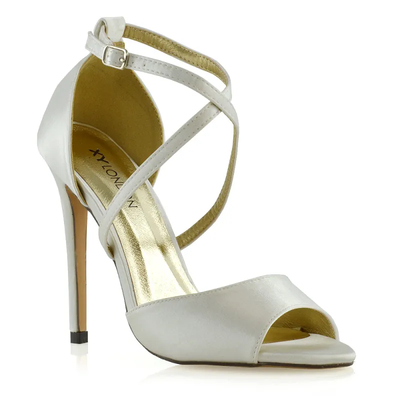 Gwen Cross Over Strappy Peep Toe Stiletto High Heel Bridal Shoes In Ivory Satin made by XYlondon