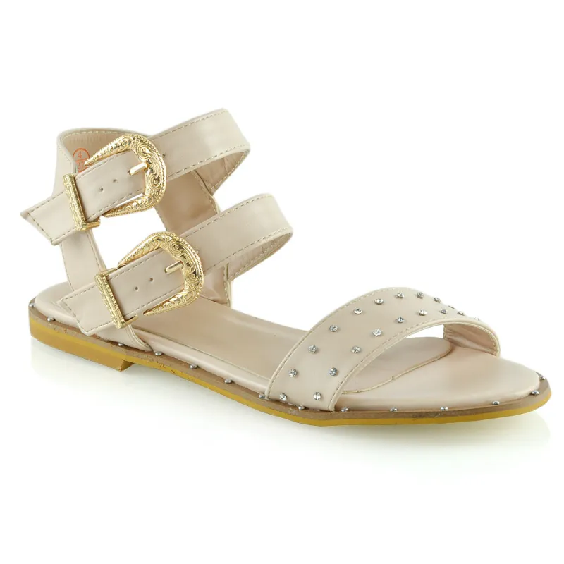 VANESSA DOUBLE BUCKLE STRAP DIAMANTE FLAT SANDALS IN NUDE SYNTHETIC LEATHER sold by XYlondon