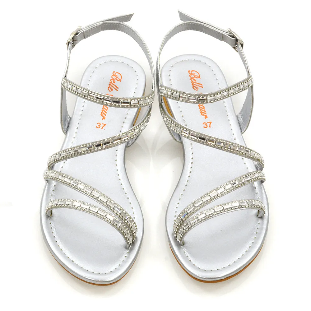 Mercedes Flat Diamante Sandals With Buckle Ankle Strap in Silver sold by XYlondon product image thumbnail 5
