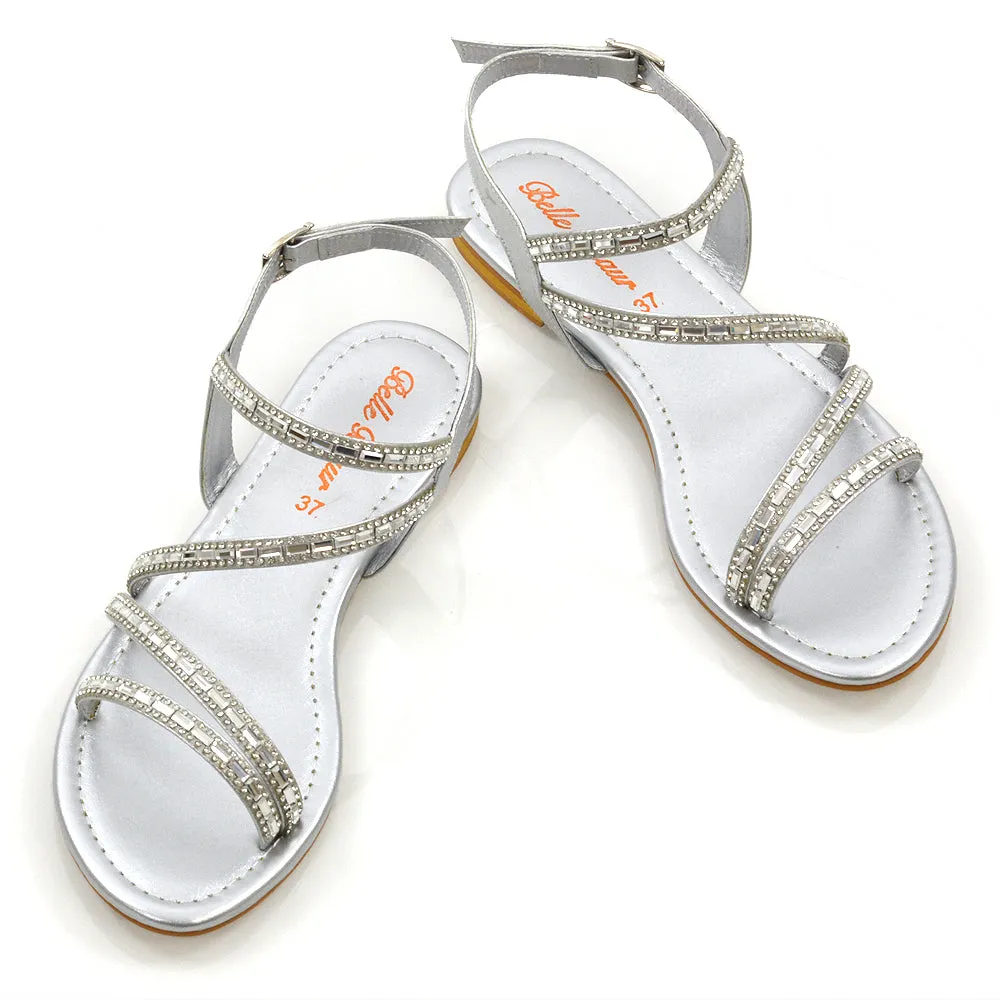 Mercedes Flat Diamante Sandals With Buckle Ankle Strap in Silver sold by XYlondon product image thumbnail 4