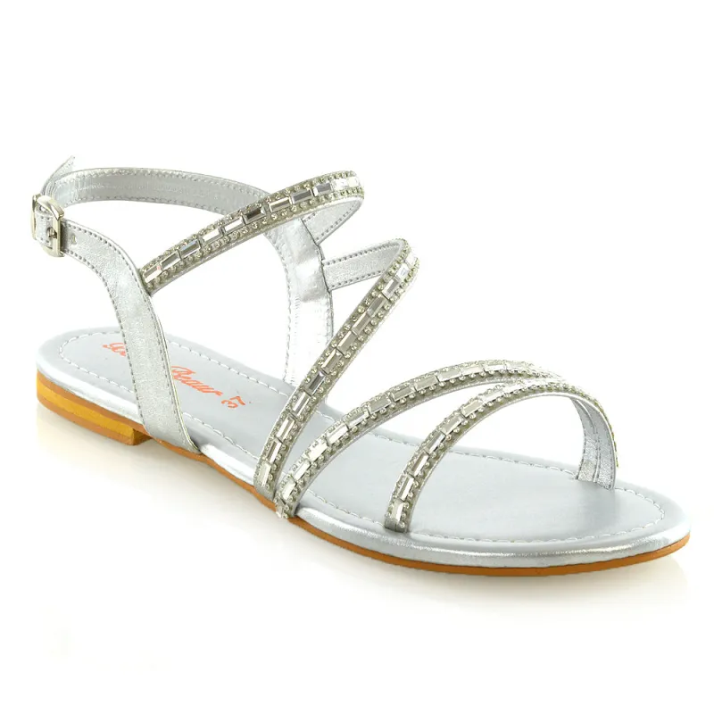 Mercedes Flat Diamante Sandals With Buckle Ankle Strap in Silver made by XYlondon