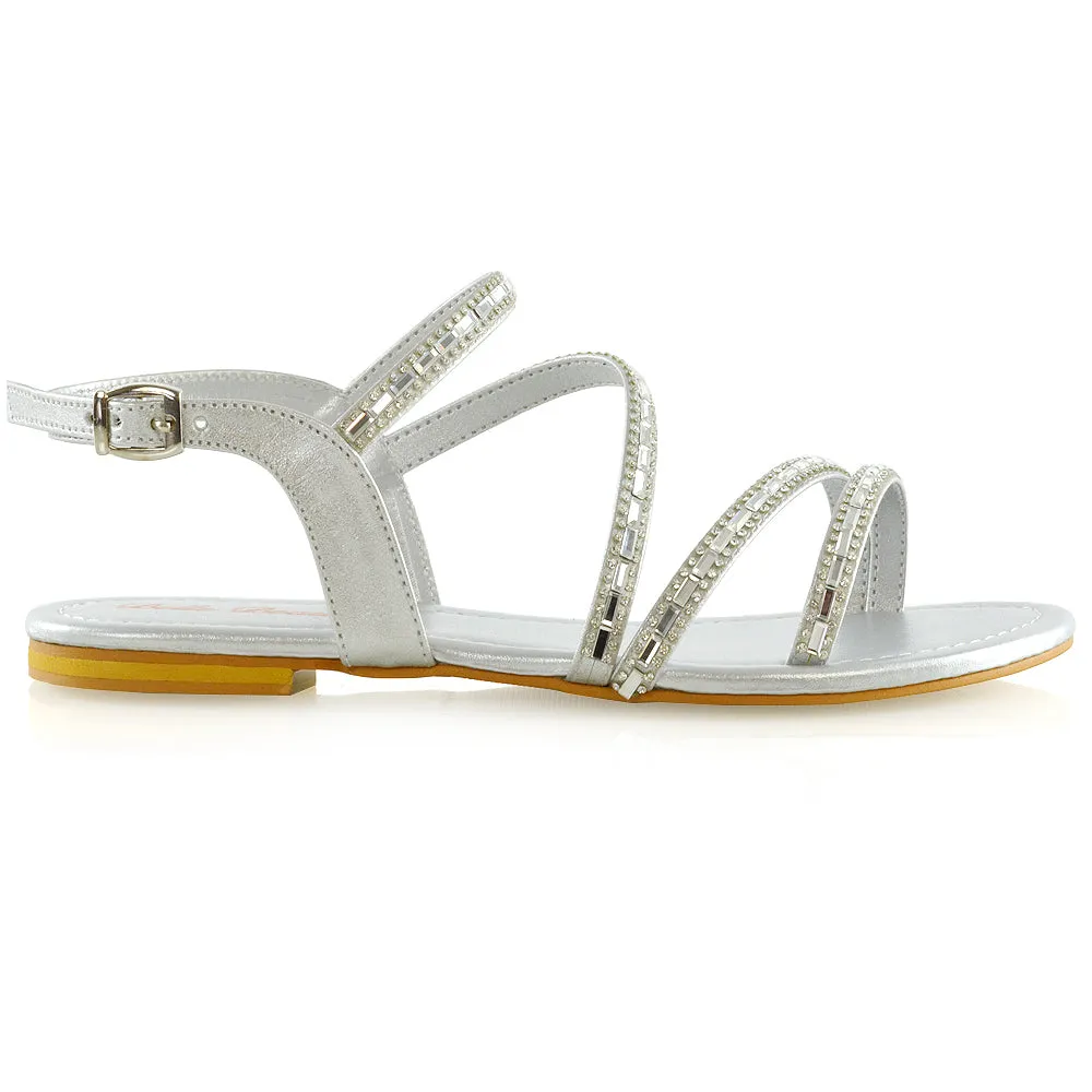 Mercedes Flat Diamante Sandals With Buckle Ankle Strap in Silver sold by XYlondon product image thumbnail 2