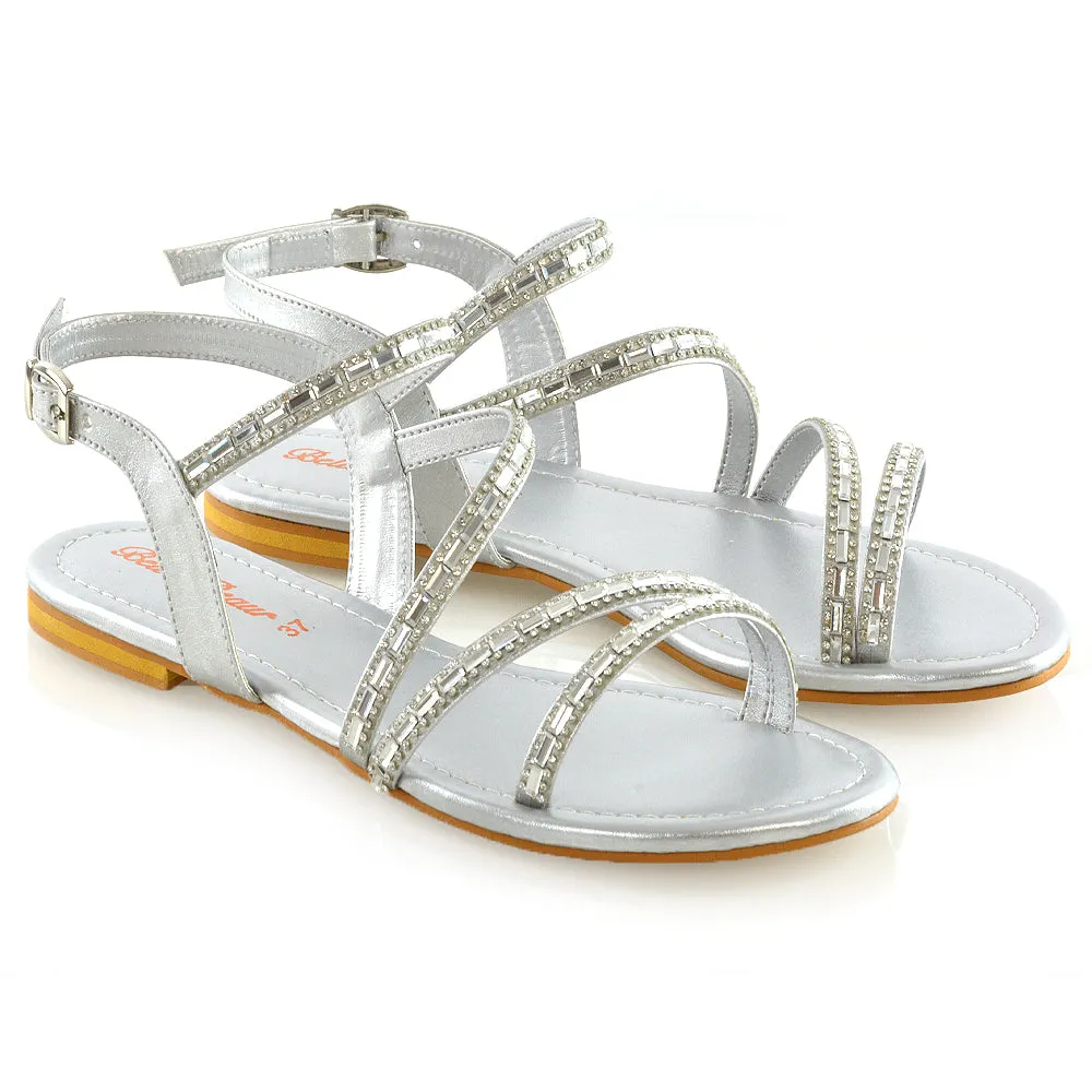 Mercedes Flat Diamante Sandals With Buckle Ankle Strap in Silver sold by XYlondon product image thumbnail 3