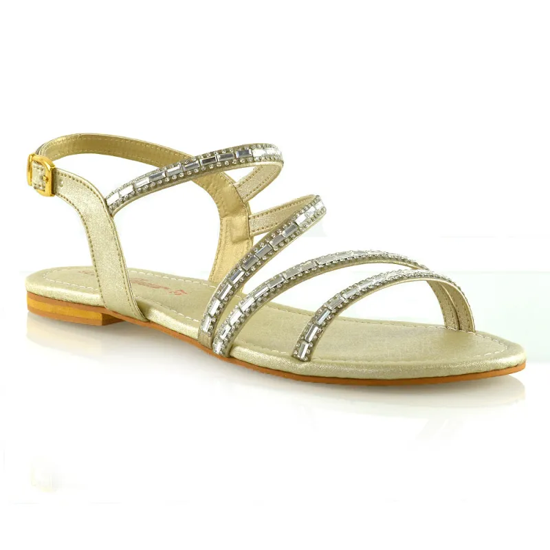 Mercedes Flat Diamante Sandals With Buckle Ankle Strap in Gold made by XYlondon