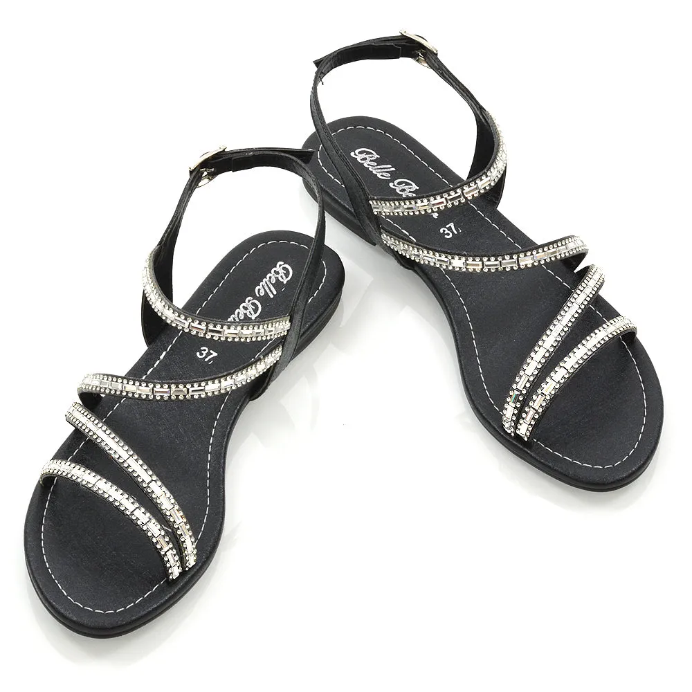 Mercedes Flat Diamante Sandals With Buckle Ankle Strap in Black sold by XYlondon product image thumbnail 4